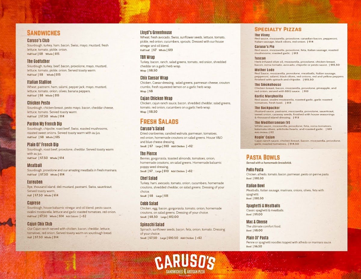 Caruso's Sandwiches and Artisan Pizza Menu - Image 1